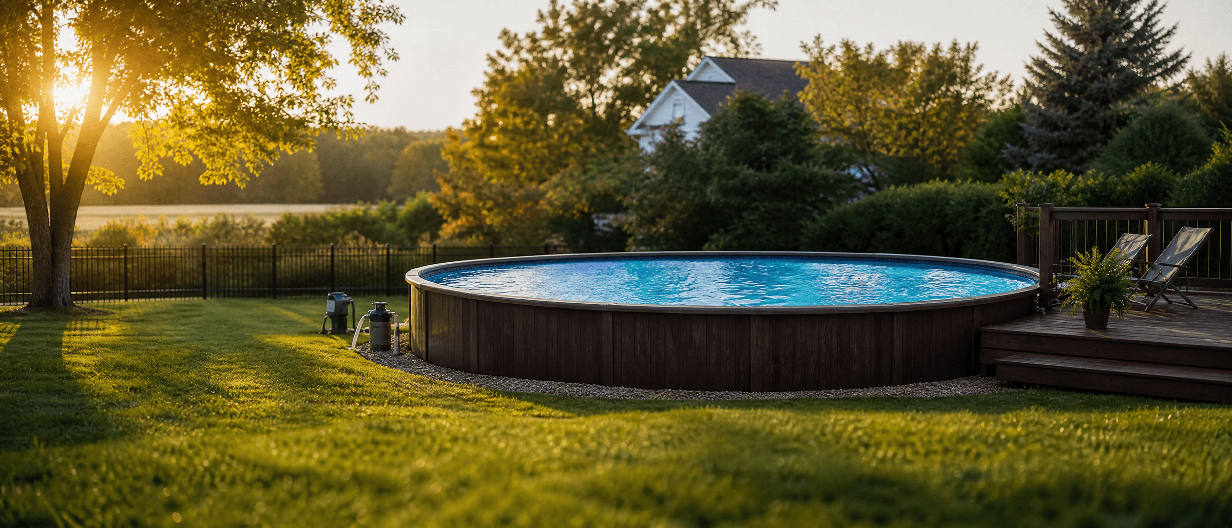 Above-ground pool in a Pennsylvania backyard at golden hour